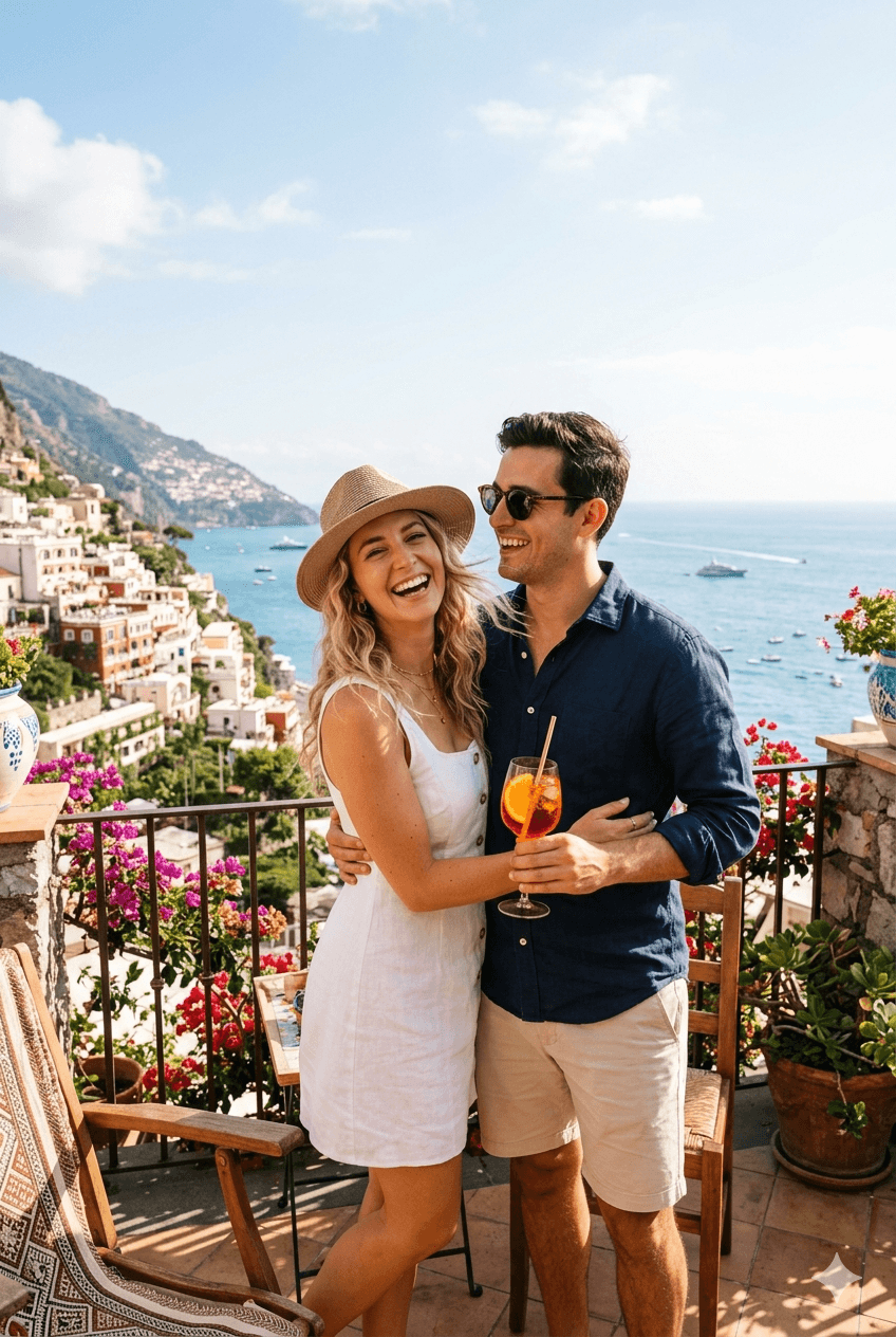 Couple enjoying travel with Vyroam eSIM on the Amalfi Coast